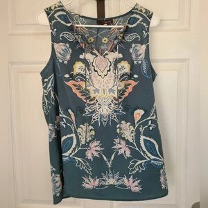 Teal Boho Floral Sleeveless Blouse | Orange & Pastel Accents